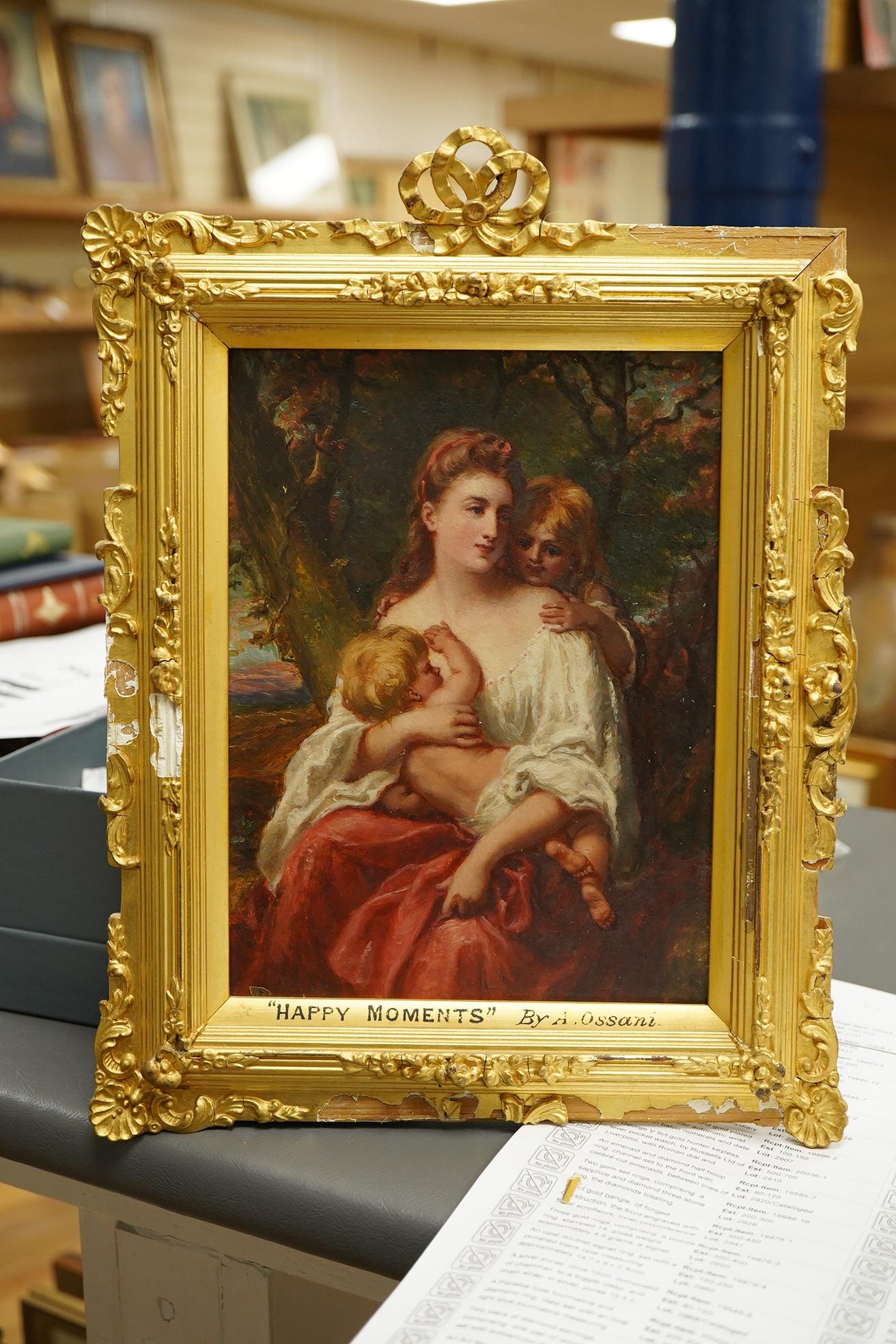 Alessandro Ossani (fl1857-1888), ‘Happy Moments’, oil on board, gilt frame (damaged), 19.5 x 14.5cm